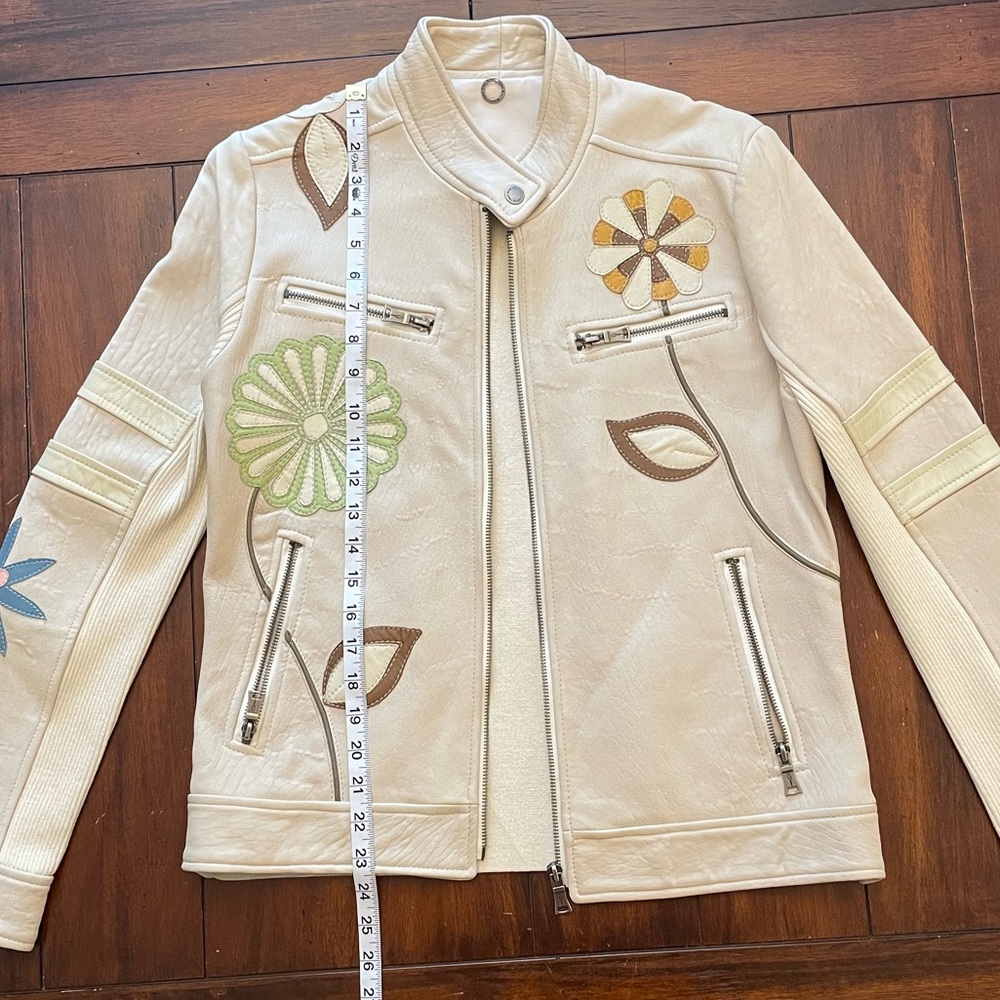 One Girl Who cream leather jacket with flowers